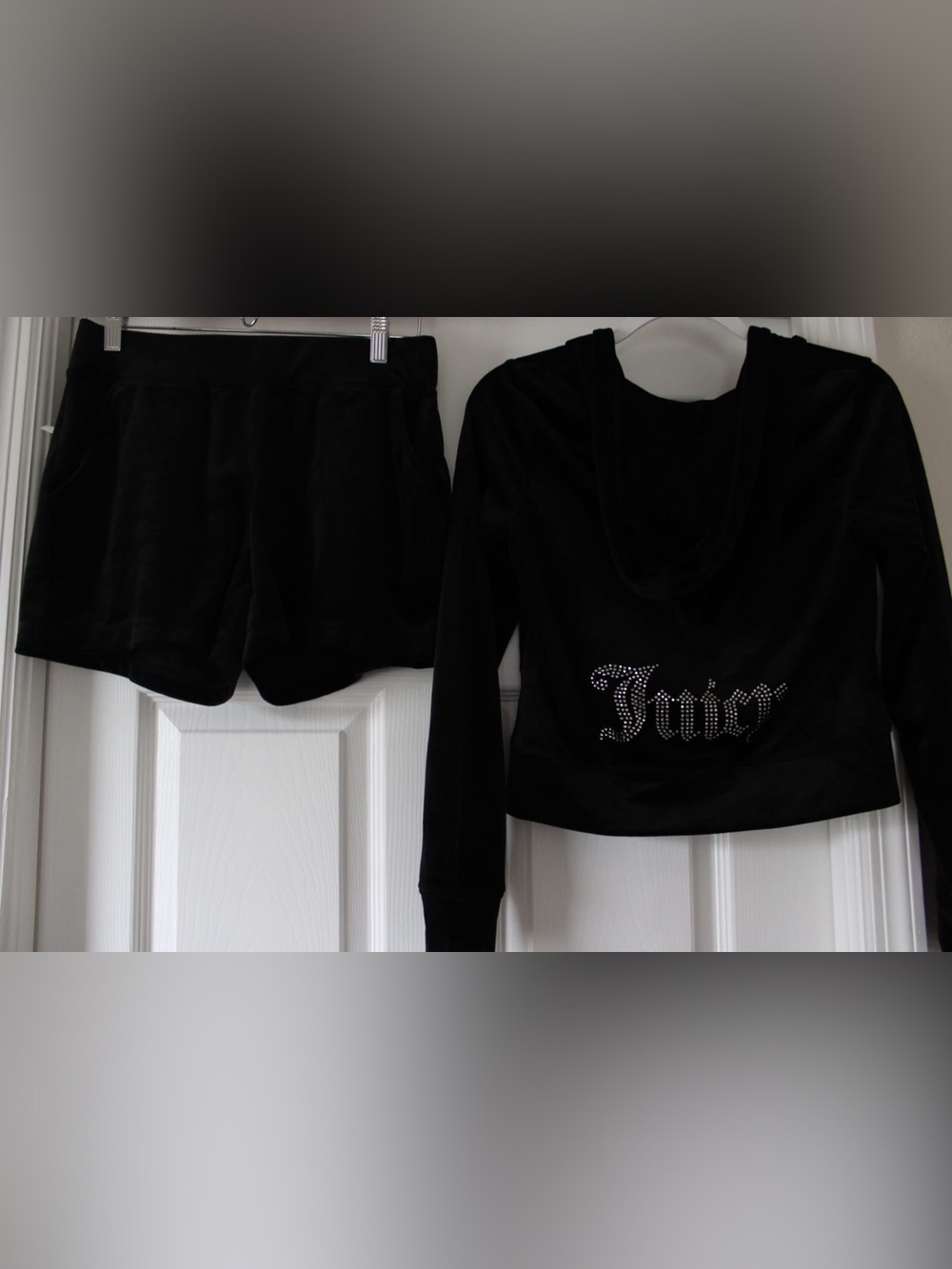 Juicy Couture Black Velour Hoodie & Shorts Set w Rhinestone Logo new with tags M